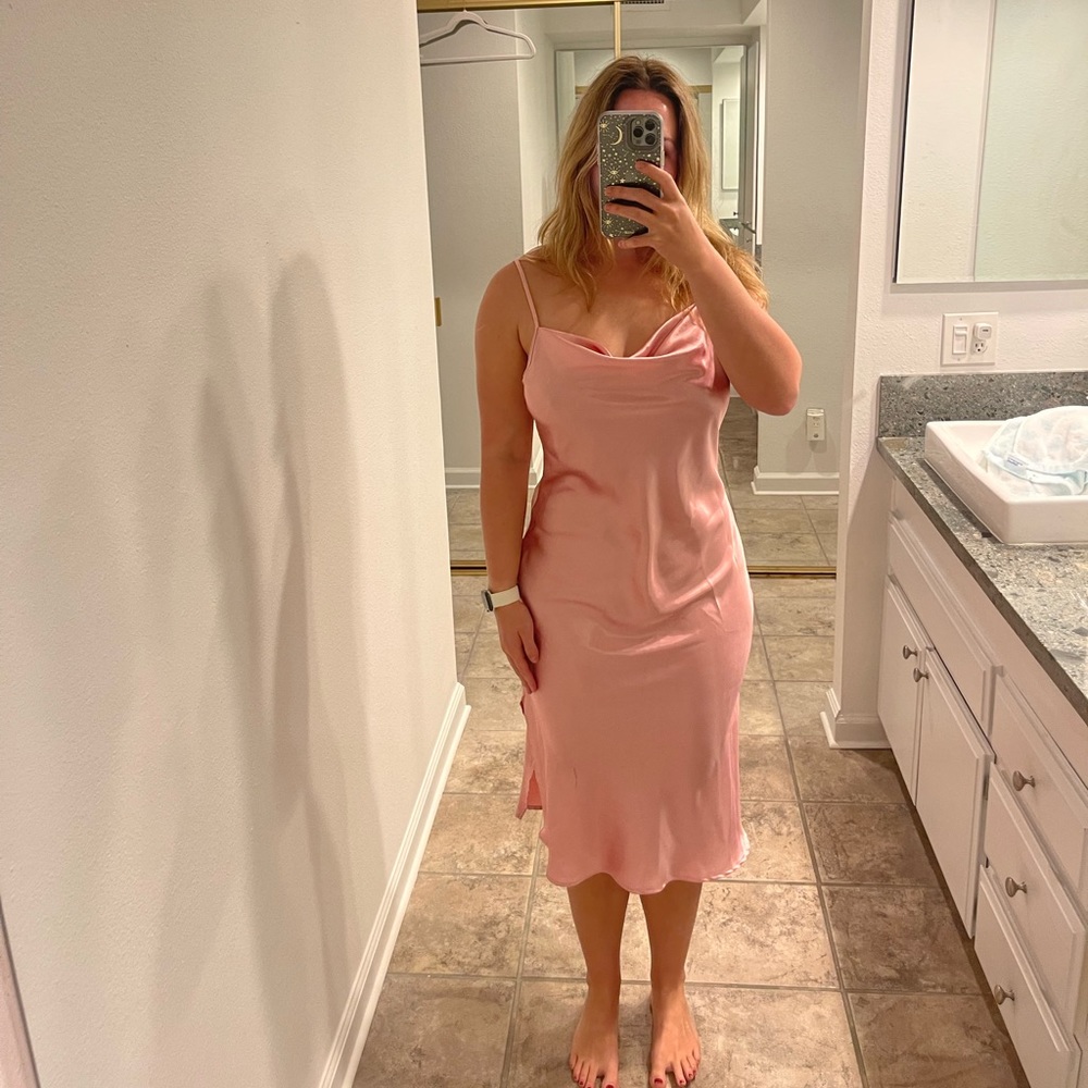 Baby Pink Bebe Satin Midi Dress